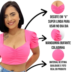 Blusinha Cropped Manga Bufante Princesa C Decote Feminina na internet