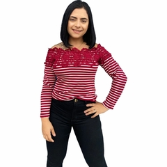 BLUSINHA MANGA LONGA FEMININA LISTRADA COM RENDA - comprar online