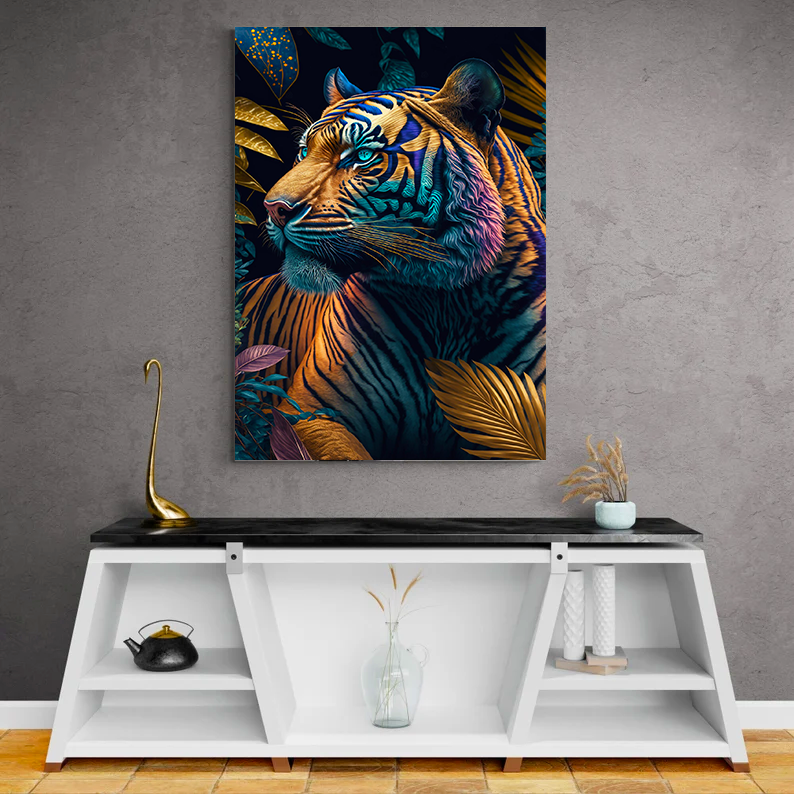 Quadros 3d Grande Tela Tigre Pintura Azul Sala 90x60