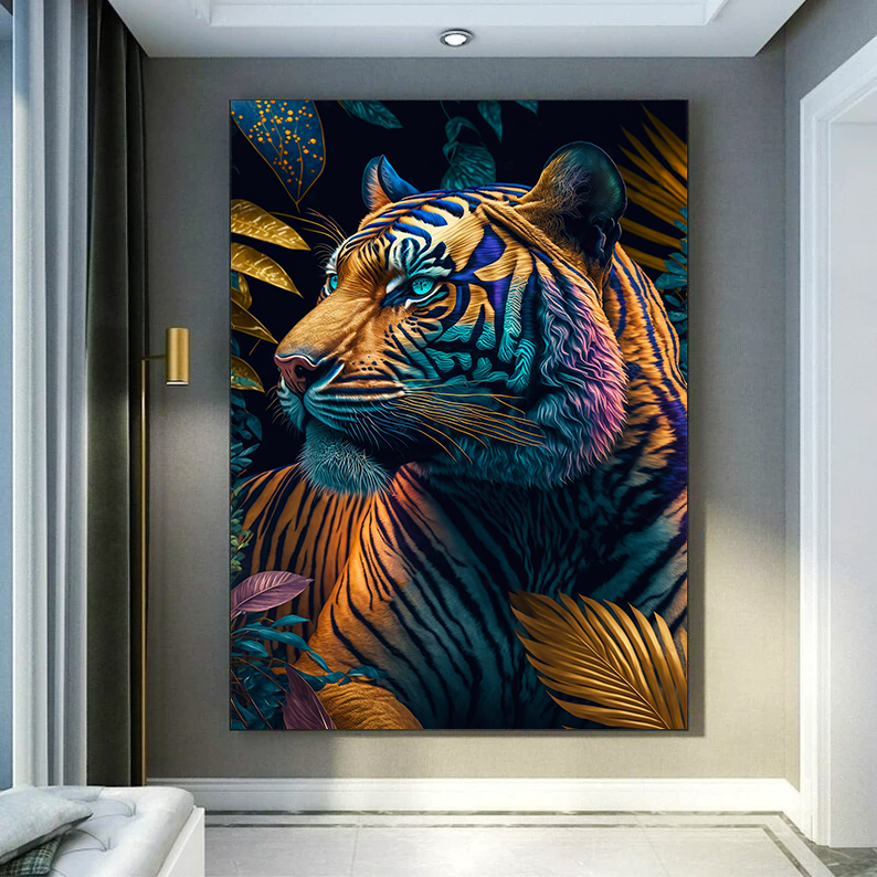 Quadros 3d Grande Tela Tigre Pintura Azul Sala 90x60