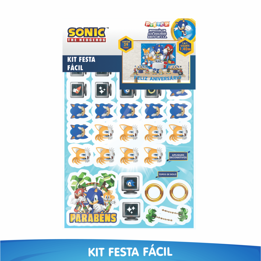 Topo de Bolo Sonic 2 Parabéns - 5 Itens