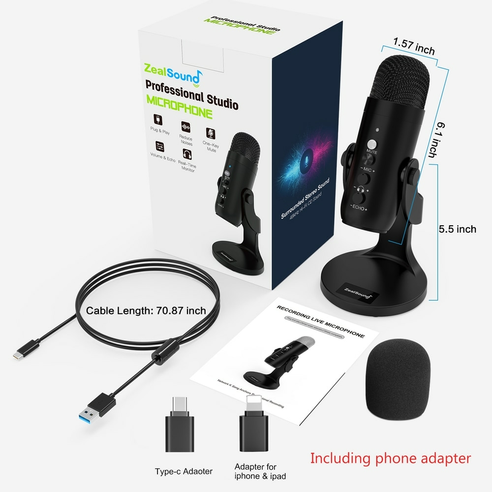 Microfone condensador USB compatível com PC/PS4/iPhone/iPad/Android,  microfone de estúdio para gravação de voz e música, podcast, streaming,  jogos