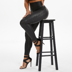 Calça legging feminina preta de couro PU cintura alta skinny push
