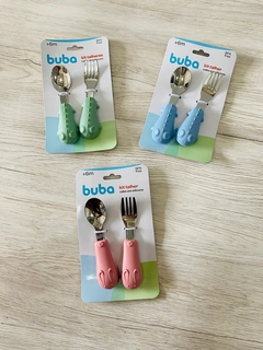 KIT TALHERES INFANTIL INOX C/ CABO DE SILICONE ROSA/AZUL/VERDE - BUBA