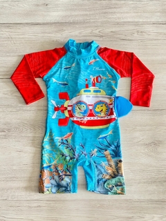 ROUPA DE BANHO MANGA LONGA INFANTIL DO DINO AZUL CLARO