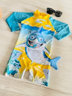 ROUPA DE BANHO MANGA LONGA INFANTIL DO TUBARÃO AZUL