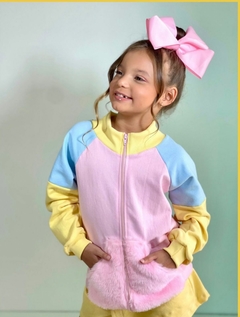 JAQUETA INFANTIL MOLETOM COM ZÍPER - ROSA C/ AMARELO