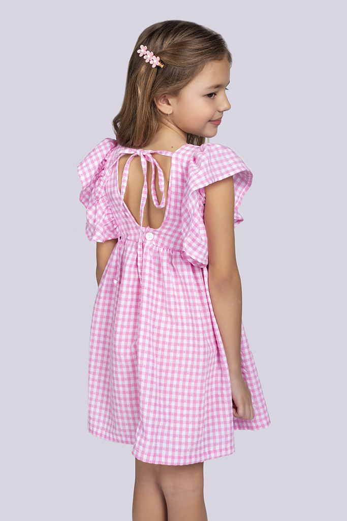 VESTIDO COM TEXTURA XADREZ VICHY CUT OUT - Rosa / Branco