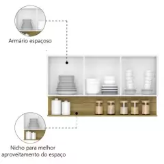 Armário Aéreo de Cozinha 3 Portas com Nicho 1,20m Freijó / Branco Line Kits Paraná - Hamil móveis