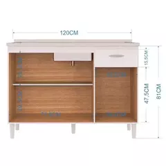 BALCÃO 120 CM 3 PORTAS 1 GAVETA COMPLETO C/PIA INOX 434.33 BRANCO-BRANCO – POQUEMA - Hamil móveis