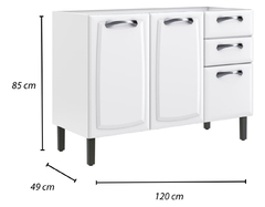 GABINETE BALCÃO DE COZINHA C/ ENTRADA PARA PIA ITATIAIA EM AÇO 3 PORTAS E 2 GAVETAS BRANCO GRAFITE TARSILA - Hamil móveis