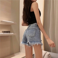 Shorts jeans de cintura alta feminino verão bolso borla buraco