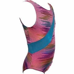 Leotardo Gimnasia niña, Modelo 17010-26 - Estampado multicolor con cintas girando en turquesa - buy online