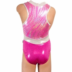 Leotardo Gimnasia niña, Modelo 17240-20 - Glitter atigrado rosa cortes en pico cuello en plata glitter y fucsia en internet