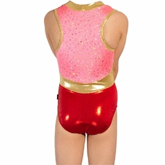 Leotardo Gimnasia niña, Modelo 17240-45 - Leotardo Holograma y Glitter con corte en Pico y cuello glitter oro on internet