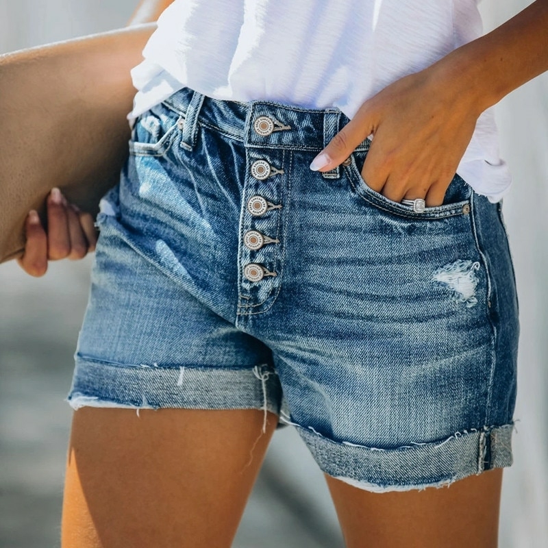 Bermuda jeans curta cintura alta, rasgado shorts jeans casual streetwear