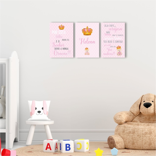 Kit 3 Quadros Decoração Quarto Bebe Ursinhas Cor de Rosa