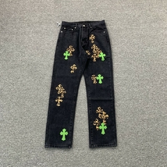 Chrome Hearts green & leopard cross patch jeans men's