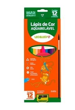 Lápis de cor Aquarelavel Madeira C/Pincel e apontador- Leoeleo - 1 caixa com 12 cores