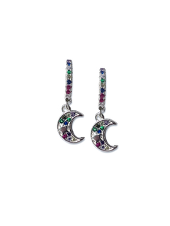 Aros de luna con estrella de plata con piedras multicolor. Somos Fasano Joyeros, la joyería más antigua de Rosario. Fabricamos alianzas. Vendemos y compramos oro.