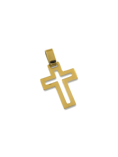 Cruz de oro de 18 kilates, diseño calado y pequeño.