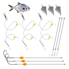 3 Kits Pesca De Praia Pampo | Chicote Pronto + Chumbo + Anzol