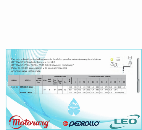 BOMBA SOLAR OPTIMA 3T 1000 ARRANQUE DIRECTO