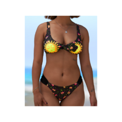 Malla bikini de mujer bombacha vedetina y corpiño breteles anchos en lycra estampada sol y luna.