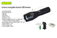 LINTERNA RECARGABLE DE ALUMINIO 500 LUMEN, LED 5W, 5 FUNCIONES