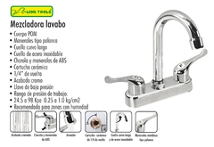 MEZCLADORA PARA LAVABO MANERALES TIPO PALANCA, CUELLO DE ACERO INOX.