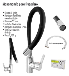 MONOMANDO PARA FREGADERO ACERO CROMADO Y CUELLO DE SILICÓN FLEXIBLE NEGRO