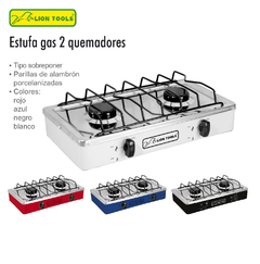 ESTUFA GAS DOS QUEMADORES BLANCA CON CUBIERTA DE ACERO INOX.