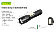 LINTERNA RECARGABLE DE ALUMINIO AFOCABLE, FOCO LED 8W - 800 LUMENES