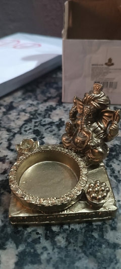 Porta Vela/Incensário em Resina Ganesha Dourado - 8cm - Margaran Comércio