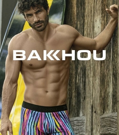 BA2120-Marca: Bakhou | Boxer algodon y lycra. Estampado digital rayas fluo, elastico sobre relieve negro