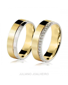 Aliança de Bodas 6mm em Ouro Branco e Amarelo com aprox. 36 pedras