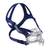 Mascarilla CPAP Mirage Liberty N de ResMed, vista en ángulo izquierdo, con arnés de color azul marino. Este producto se utiliza para el tratamiento de la apnea obstructiva del sueño y se muestra sobre un fondo blanco.

