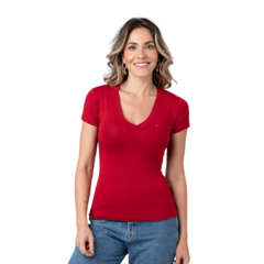 BLUSA DECOTE EM V COM BOLSINHO MANGA CURTA: COR VERMELHO cod. 466