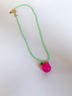 Necklace With Pink Ruby Pendant And Natural Neon Green Crystals