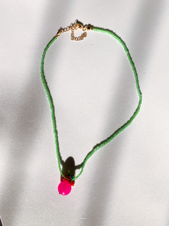 Necklace With Pink Ruby Pendant And Natural Neon Green Crystals on internet