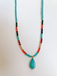 Necklace With Turquoise Drop Pendant And Natural Crystals