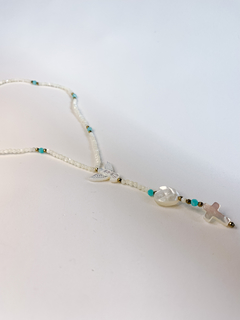 Divine Feminine Rosary Holy Spirit Necklace in Mother of Pearl, Natural Blue Amazonites and Natural Crystals Brazilian jewelry