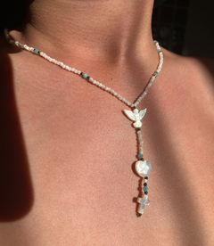 Divine Feminine Rosary Holy Spirit Necklace in Mother of Pearl, Natural Blue Amazonites and Natural Crystals Brazilian jewelry - Stilo.co - Roupas de Marca Famosas, Jóias em Ouro 18k, Jóias Religiosas