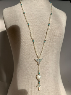 Divine Feminine Rosary Holy Spirit Necklace in Mother of Pearl, Natural Blue Amazonites and Natural Crystals Brazilian jewelry