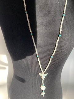 Divine Feminine Rosary Holy Spirit Necklace in Mother of Pearl, Natural Blue Amazonites and Natural Crystals Brazilian jewelry - buy online