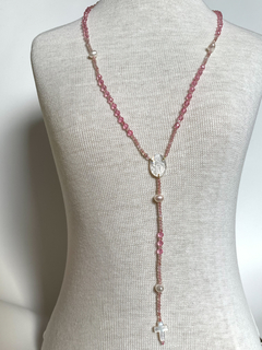 Woman Rosary Necklace Our Lady in Mother of Pearl, Quartz and Natural Crystals Brazilian jewelry on internet