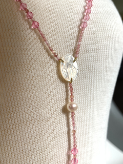 Woman Rosary Necklace Our Lady in Mother of Pearl, Quartz and Natural Crystals Brazilian jewelry