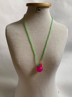 Necklace With Pink Ruby Pendant And Natural Neon Green Crystals