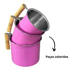 Jogo Kit Conjunto de Leiteira Fervedor Canecao Copo Extra Beira 3 peças em Aluminio Cabo de Madeira Rosa Pink - comprar online