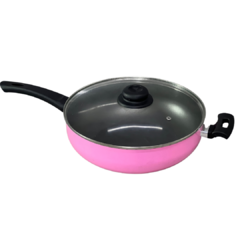 Frigideira Panela Grande Wok Antiaderente 28 Cm Grande Com Tampa De Vidro Rosa Liso